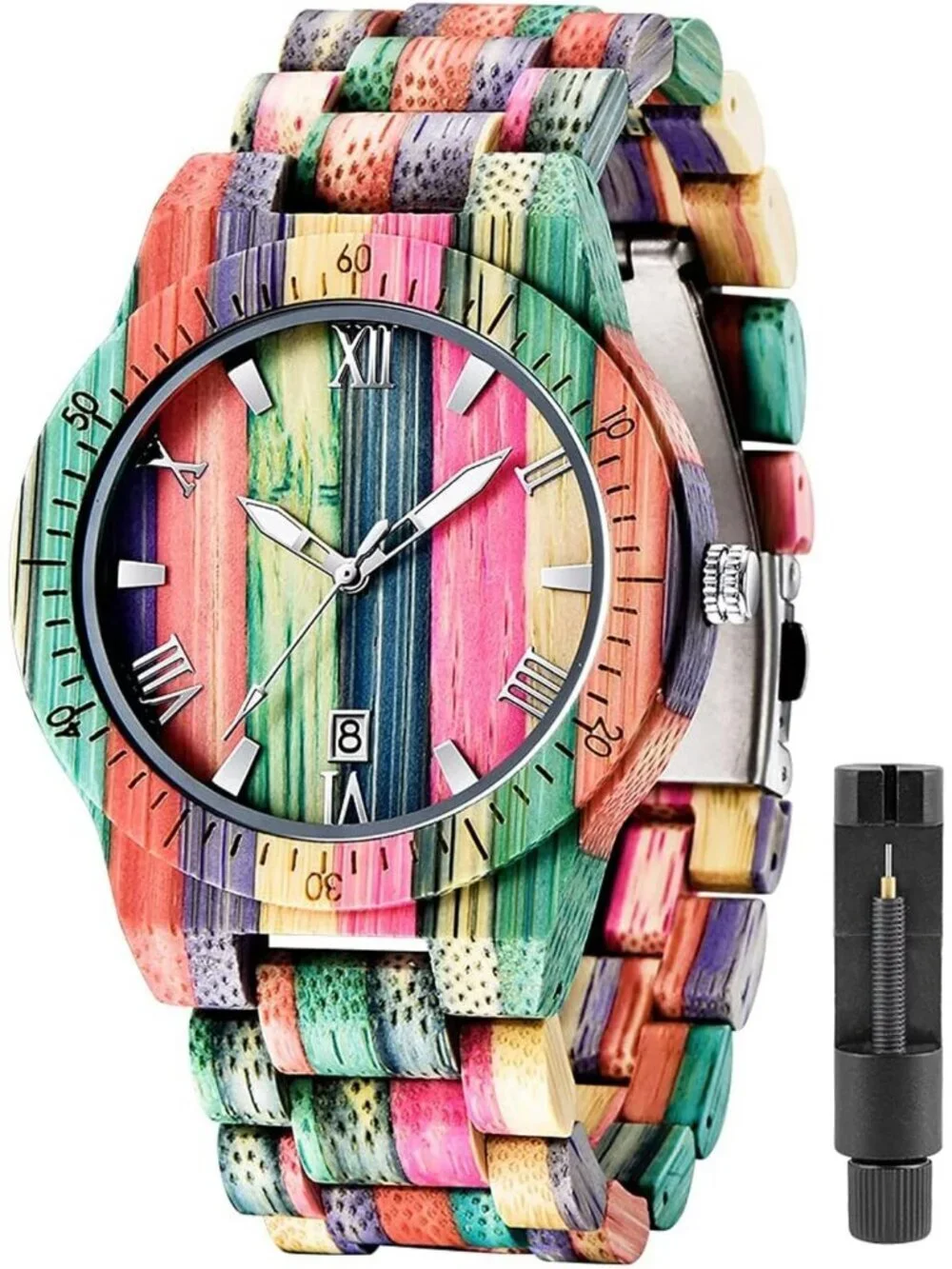 Men's Multi Color Classic Handmade Round Bamboo Analog Date Quartz Wooden Watch